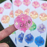 Eid Mubarak stickers in a beautiful quatrefoil design for festive celebrations